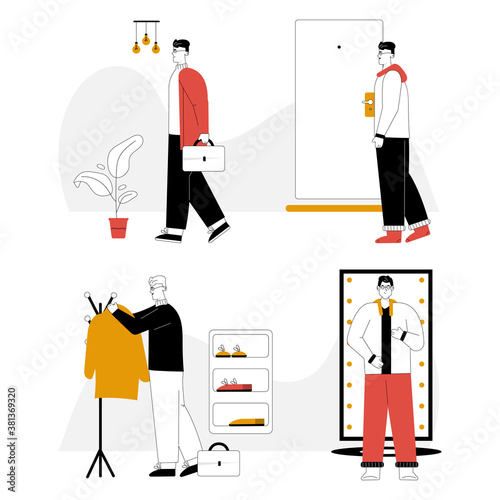 Vector linear character illustration of getting dressed and undressed