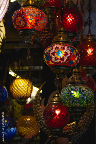 Turkish traditional multicolored oriental lanterns made of glass