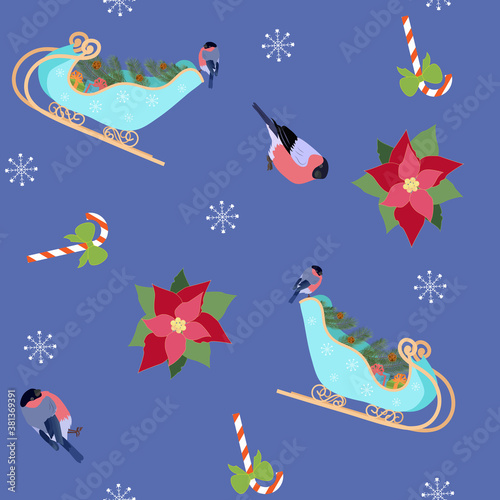 Fototapeta Naklejka Na Ścianę i Meble -  Seamless vector illustration with Santa's sleigh, gifts, bullfinches