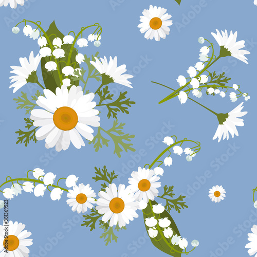 Seamless vector illustration with camomiles and lily of the valley
