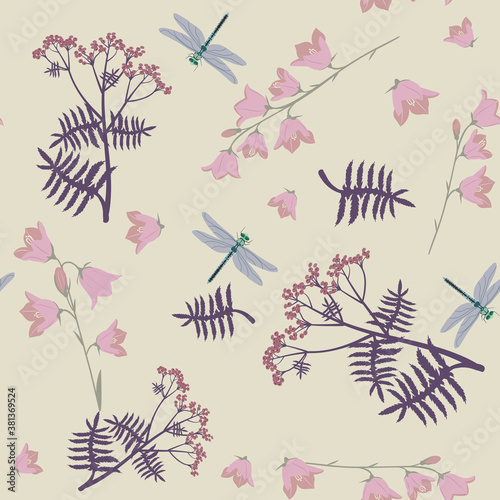 Seamless pattern with field herbs,campanula and dragonflies