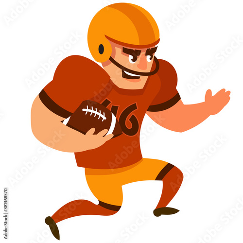 American football player running with rugby ball. Male character in cartoon style.