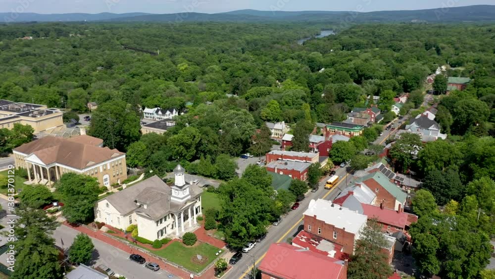Low aerial orbiting view over Shepherdstown, WV and McMurrin Hall. Low aerial orbiting view over Shepherdstown, WV and McMurrin Hall.