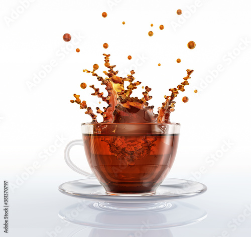 Fresh hot aroma tea cup with tea splash isolated on white background. Delicious beverage glass cup close up 3D illustration. Traditional morning breakfast or five o'clock brewed black tea drink cup 