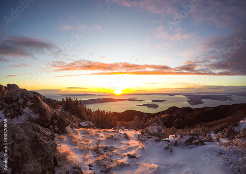 ZAVIZAN - 26.09.2020. Early snow in the Northern Velebit National park in Croatia. Beautiful sunset and view of the Adriatic sea