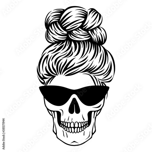 Mom life skull. Female skull with glasses with hair. Boho print in outline style. Vector Messy bun.