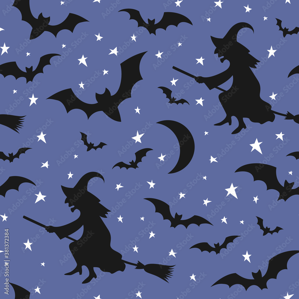 Halloween seamless pattern with black witch and bats on blue background ...