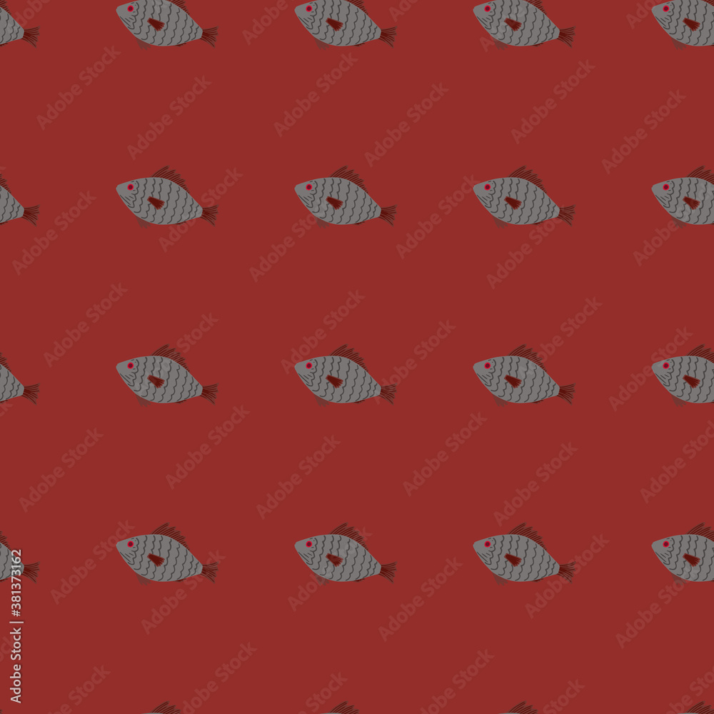 Grey little fish ornament seamless doodle pattern. Maroon background. Minimalistic ocean exotic backdrop.
