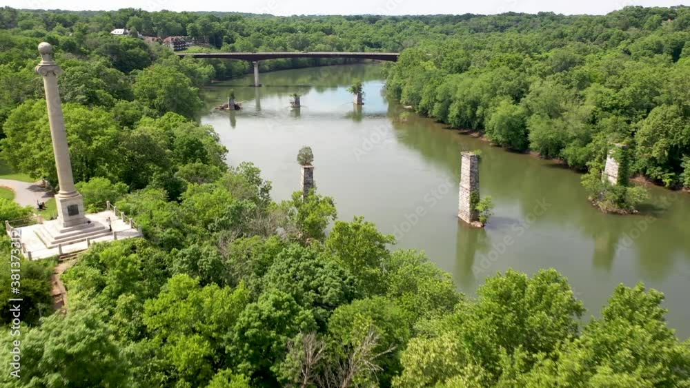 Aerial view of Rumsey monument and train bridge columns in the Potomac River. Aerial view of Rumsey monument and train bridge columns in the Potomac River.
