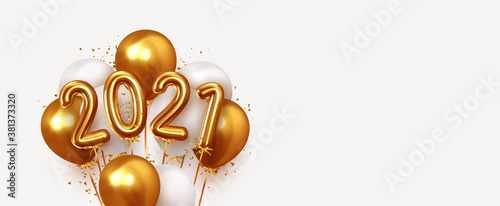 Happy New Year 2021. Realistic gold and white balloons. Background design metallic numbers date 2021 and helium ballon on ribbon, glitter bright confetti. Vector illustration. Easy to edit for 2022