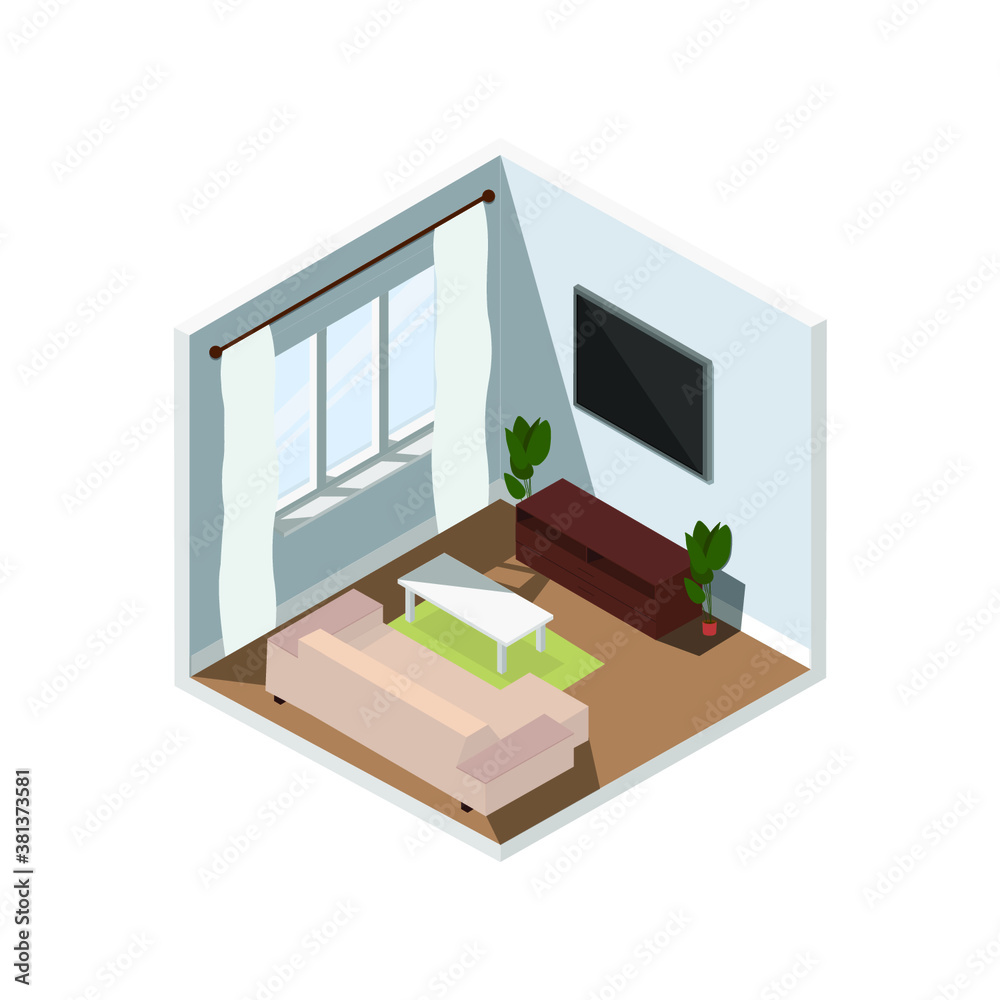 Isometric living room interior with furniture set.