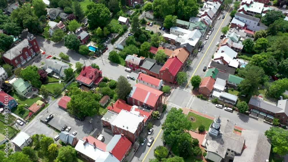Aerial view looking down onto Shepherdstown, WV the camera tilting up. Aerial view looking down onto Shepherdstown, WV the camera tilting up.
