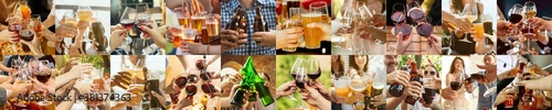 Collage of hands of young friends, colleagues during beer drinking, having fun, clinking bottles, glasses together. Collage design. Oktoberfest, friendship, togetherness, happiness, holidays concept