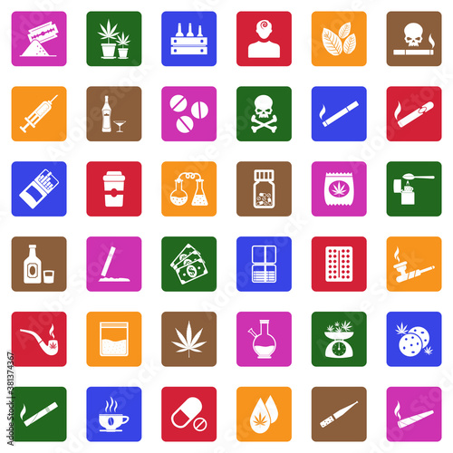 Drugs Icons. White Flat Design In Square. Vector Illustration.