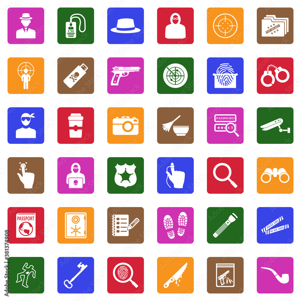 Detective Icons. White Flat Design In Square. Vector Illustration. Detective Icons. White Flat Design In Square. Vector Illustration.