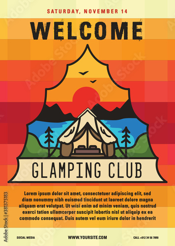 Glamping club flyer A4 format. Camping Adventure poster graphic design with mountains, glamp tent, trees and text. Stock vector retro card