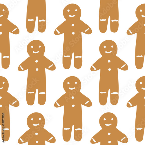 Seamless isolated pattern with tasty gingerbread man cookies silhouettes. Brown tasty bakery treat on white background.