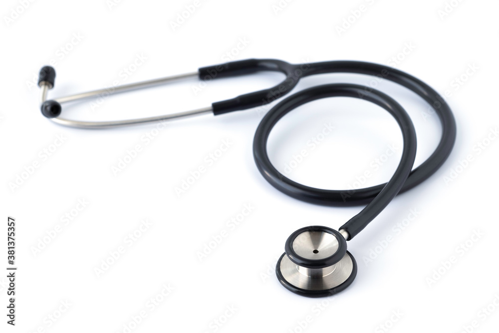 Close-up of Black stethoscope of doctor for checkup on white background. Stethoscope equipment of medical use to diagnose from hear sound. Health care and cardiology concept with copy space. Close-up of Black stethoscope of doctor for checkup on white background. Stethoscope equipment of medical use to diagnose from hear sound. Health care and cardiology concept with copy space.