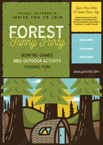 Forest family party flyer A4 format. Camping Adventure poster graphic design with forest scene, cabin and text. Stock vector retro card