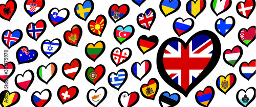 England Eurovision europe contest song 2021 Funny euro country map heart flag logo symbol Fun music festival icon Songfestival hearts countries Europe