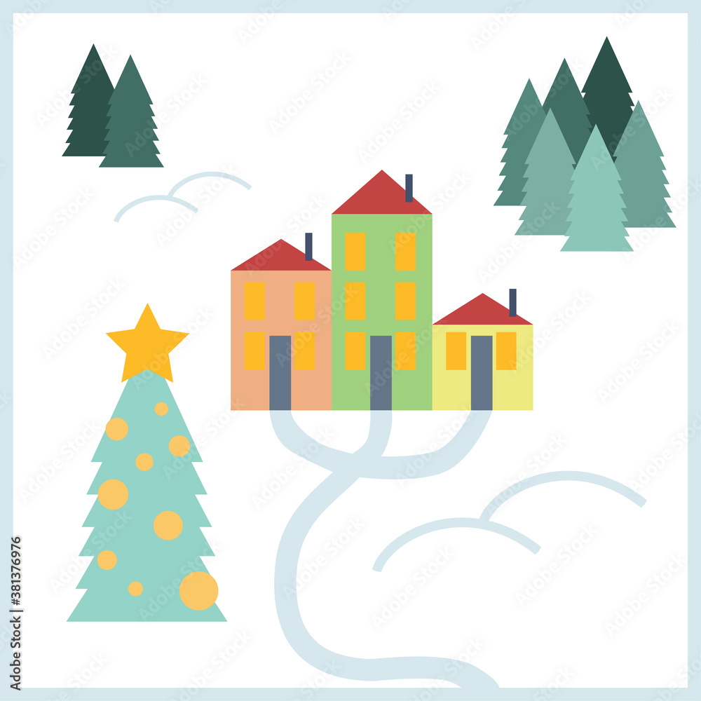 Fototapeta premium Christmas illustration - small houses and a Christmas tree in the forest. Natural fabulous landscape.