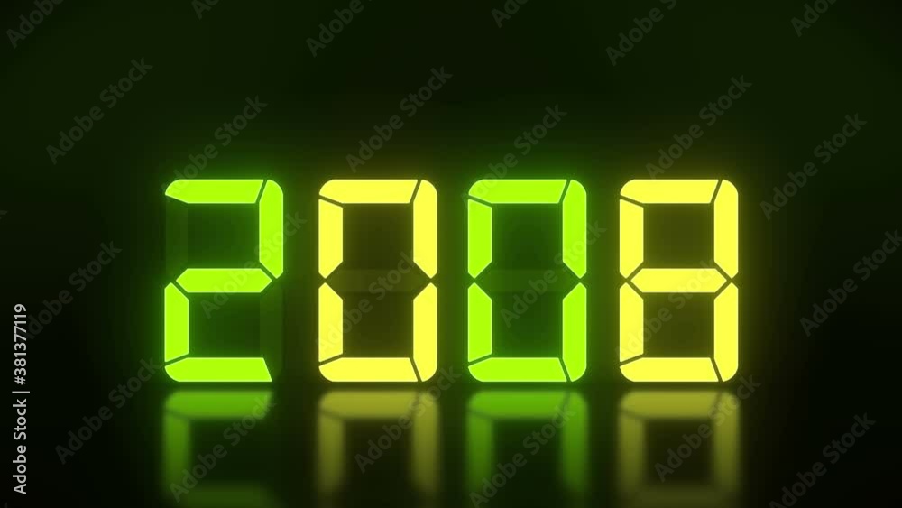 Video animation of an LED display in green and yellow with the continuous years 1990 to 2021 over dark background - represents the new year 2021 - holiday concept Video animation of an LED display in green and yellow with the continuous years 1990 to 2021 over dark background - represents the new year 2021 - holiday concept