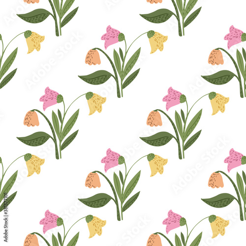 Fototapeta Naklejka Na Ścianę i Meble -  Isolated vintage flowers seamless pattern. Doodle simple botanic ornament in pink and yellow buds. White background.