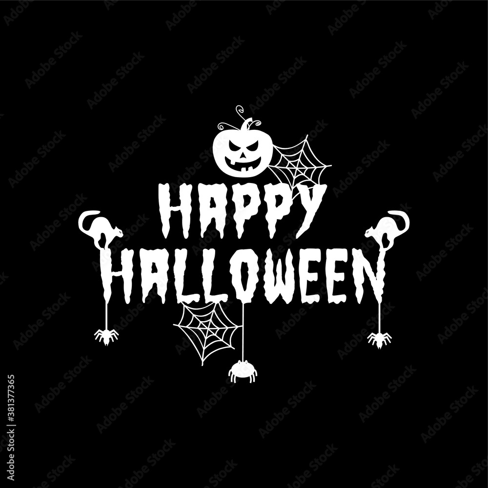 Happy Halloween design concept on black background.  Postcard, poster, holiday and greeting card concept. Funny Happy Halloween Illustration Vector.