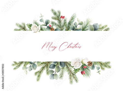 Watercolor vector Christmas banner with fir branches, rose and eucalyptus.