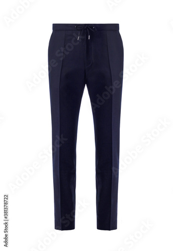 Dark blue classic trousers with laces. Front view