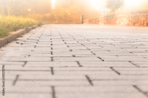 Texture of sidewalk tiles for background with golden light.