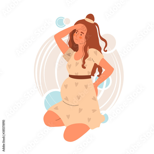Pregnant young woman having back aches and holding her head. Woman in pain. Flat vector illustration on white.