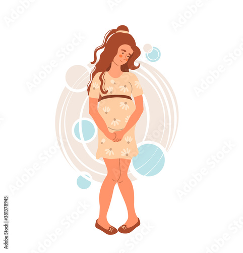 Young pregnant woman suffering from desire to pee. Expectant mother wants to use the toilet. Flat vector illustration on white background.