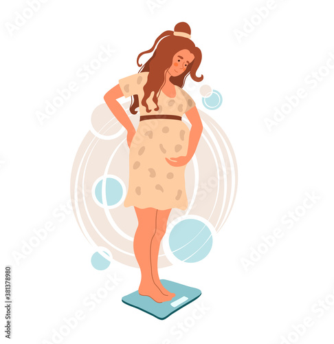 Checking weight young pregnant woman standing on the abstract background.   Weighed on the scales. Flat vector illustration on white background.