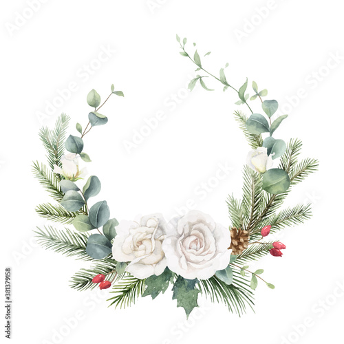 Watercolor vector Christmas wreath with fir branches, rose and eucalyptus.