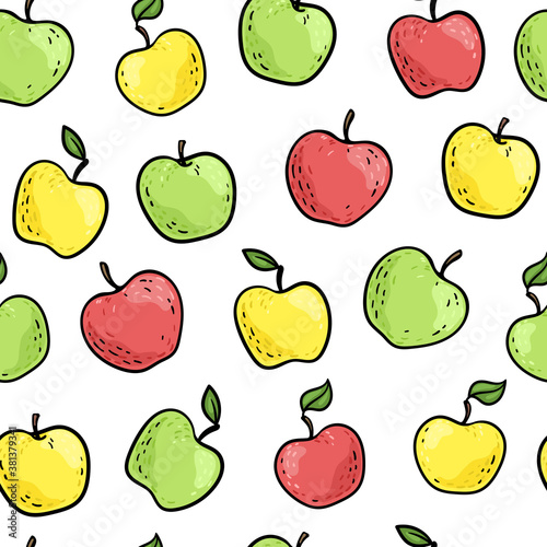 Fototapeta Naklejka Na Ścianę i Meble -  Seamless doodle pattern with cute doodle green, red, yellow apples with black outline on white background. Hand drawn trendy background. design greeting cards, invitations, fabric and textile