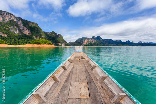 Beautiful mountains lake river sky and natural attractions in Ratchaprapha Dam at Khao Sok National Park, Surat Thani Province, Thailand.