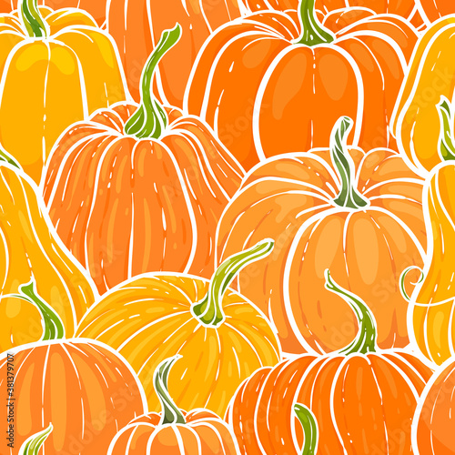 Seamless pattern with hand drawn pumpkin in cartoon style. Cute autumn pattern Seamless textile. design for greeting card and invitation of seasonal fall holidays, halloween, thsanksgiving, harvest