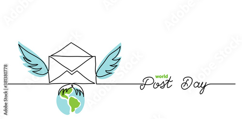 World post day simple web banner, background. One continuous line drawing of mail with wings with text Post Day.