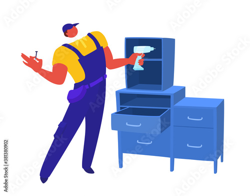 A furniture maker assembling cabinet furniture. A carpenter man, master making wardrobe. Installation, assembly of the furniture. A vector cartoon illustration.
