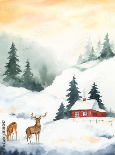 Watercolor vector Christmas card with deer and winter landscape.