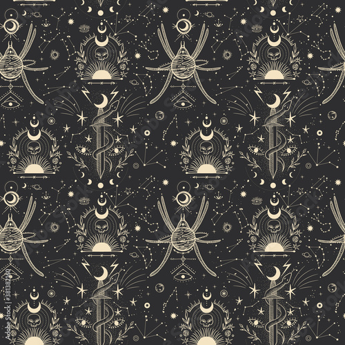 Vintage retro vintage engraving style. the sun, moon phases, crystals, magic symbols. print in the interior and design. vector graphics
