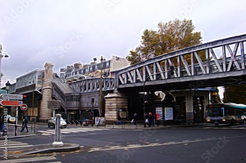 Digital painting style representing an iron bridge over a street in one of the historic districts of Paris photo