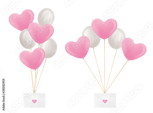 ハートの風船とラブレターのイラストセット