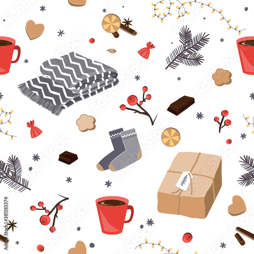 Winter and Christmas items seamless pattern. Hygge vector illustration
