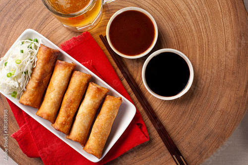.Fried spring rolls. Traditional asian food. Top view