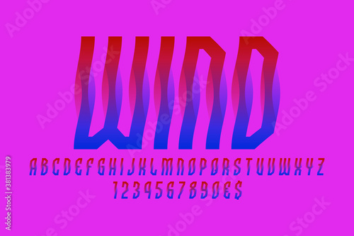 Wind artistic display font. Wavy red blue letters, numbers and currency signs. Isolated vector english alphabet.