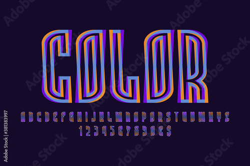 Color artistic display font. Contour orange blue purple letters, numbers and currency signs. Isolated vector english alphabet.