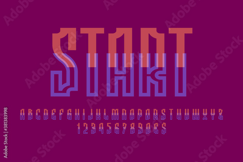 Start artistic display font. Compound orange blue letters, numbers and currency signs. Isolated vector english alphabet.
