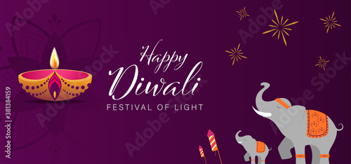 Happy Diwali or Deepavali Vector Illustration, Indian Festival of Diya Lights Poster Template, Diwali Celebration Flat Design, Suitable For Header Web Flyer and Background